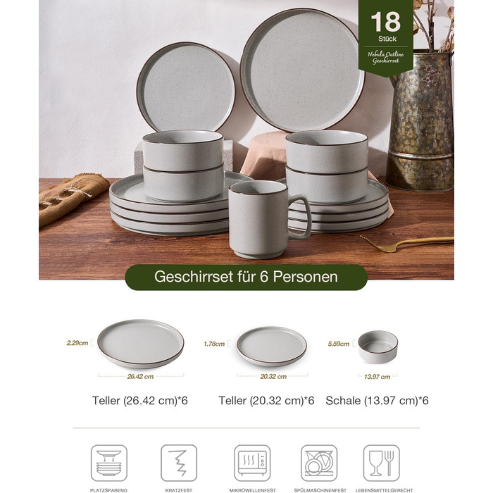 Набір посуду Mercury, 12 предметів: тарілки, супові миски, десертні тарілки, для 4 осіб, з каменю, стійкий до мікрохвильової печі та миття в посудомийній машині, колір сірий (N-Set 18 предметів, 6 осіб)