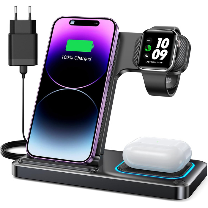 Зарядний станція 3 в 1 для Apple Watch, iPhone та iPod від Dumterr (сумісна з iPhone 16, 15, 14, 13, 12, 11 Pro Max, AirPods, Serie) - чорний колір