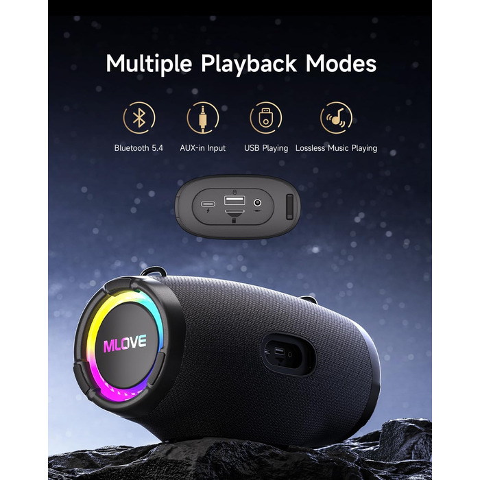 Портативна Bluetooth колонка MLOVE E90 80W з RGB підсвіткою, водонепроникна IP65, TWS, стереозвук для вечірок на природі