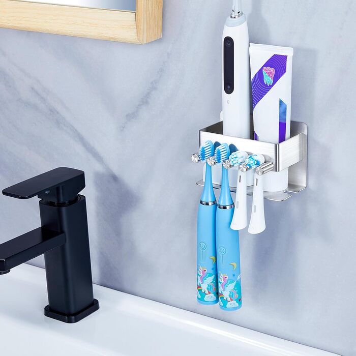 Тримач для зубних щіток GGQ настінний, для електричної зубної щітки, без свердління, самоклеючий, з підставкою для зубної пасти (срібний)