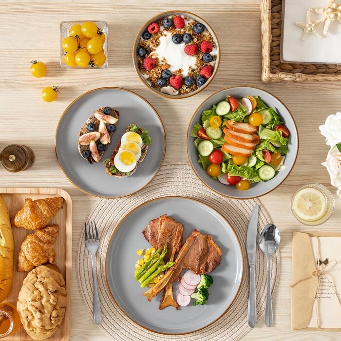 Набір посуду на 6 осіб Vancasso RENO 24 шт. з каменю, сучасний сервіз: обідні, супові, десертні тарілки, миски. Можна мити в посудомийній машині та використовувати в мікрохвильовці, сірий колір.