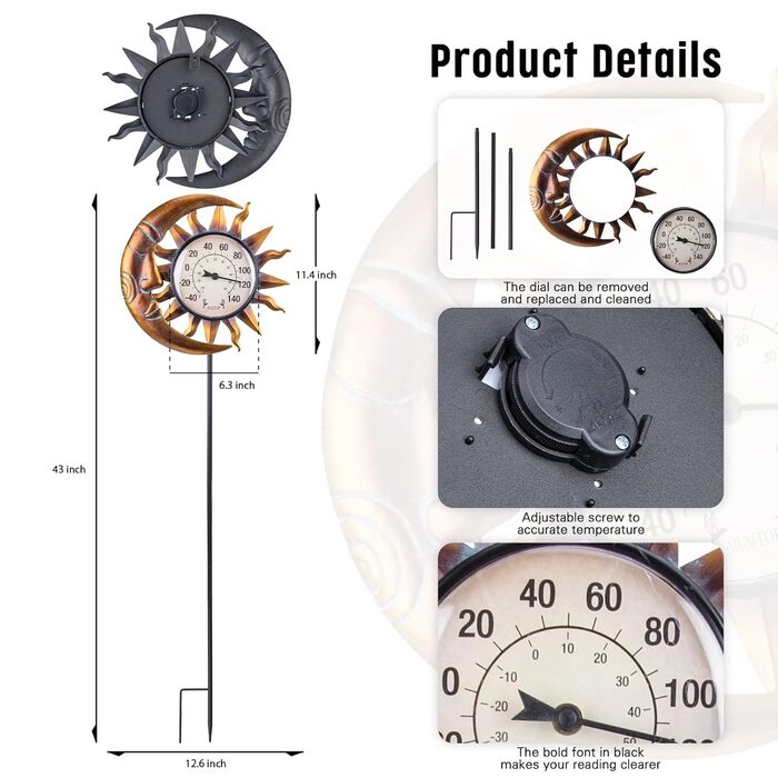 Outdoor Thermometer for Terrace - Wall Thermometer Indoor Outdoor Thermometer with Garden Stake for House and Garden Decor (Sun and Moon)