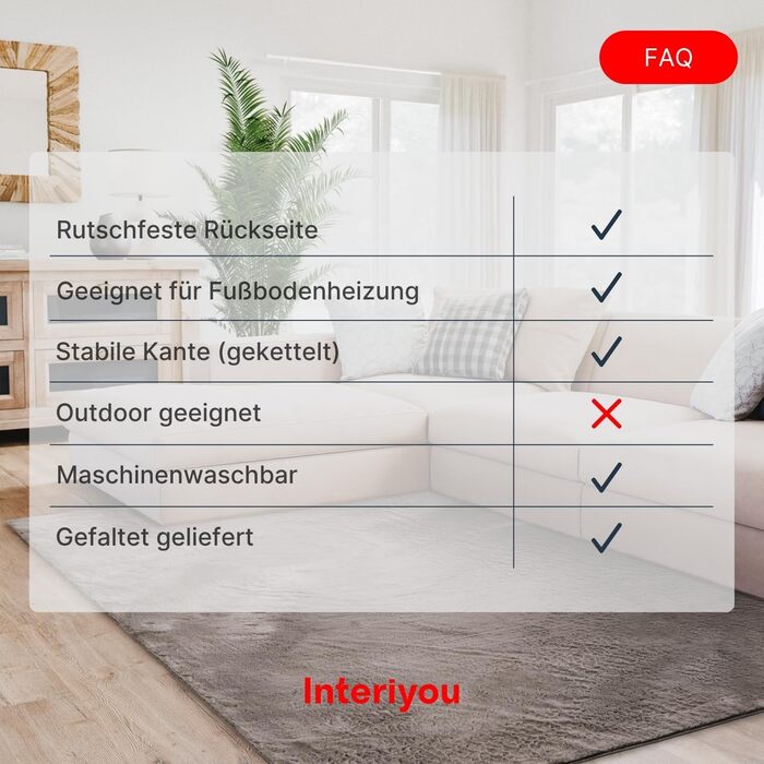 Тепличний килим Interiyou Fargo для вітальні 80x150 см - короткий ворс, миється, не ковзає, пухнастий штучний килим з довгого ворсу (160 x 230 см, сірий)