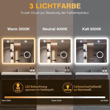 Дзеркало для ванної кімнати з підсвічуванням 80x60 см, 3 кольори, регулювання яскравості, антизапар, 3x збільшення, розетка для бритви, IP44, для горизонтального/вертикального монтажу