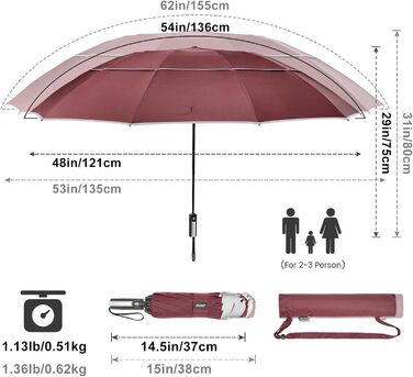 G4Free Парасолька велика, туристична, для гольфу, 10 ребер, автоматична, стійка до вітру, компактна, червона (54 дюйми)