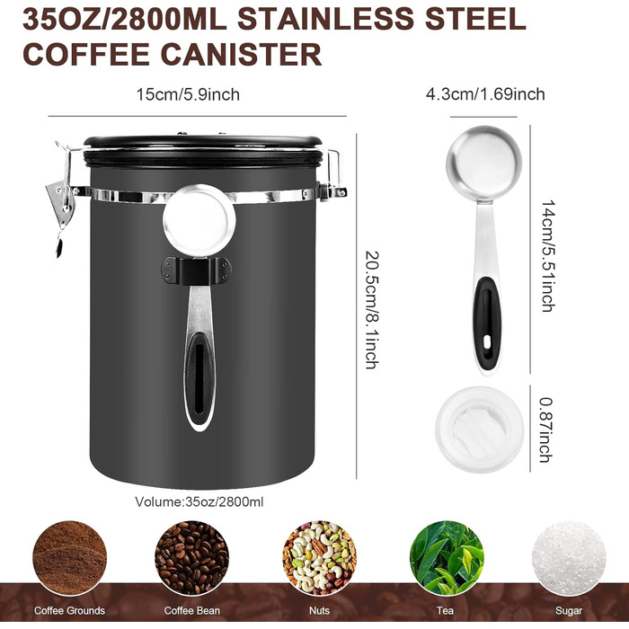 Герметичний контейнер для кави з нержавіючої сталі, 2,8 л, з CO2-вентилем та індикатором дати - для кавових зерен, кави, чаю, горіхів, какао, з мірною ложкою
