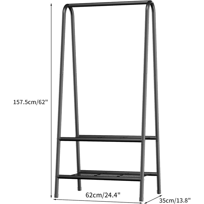 Robust metal clothes rack with double shelves for hanging clothes, freestanding and portable metal clothes rack, 62 L x 35 W x 157.5 H cm space-saving design, Gold (Black)