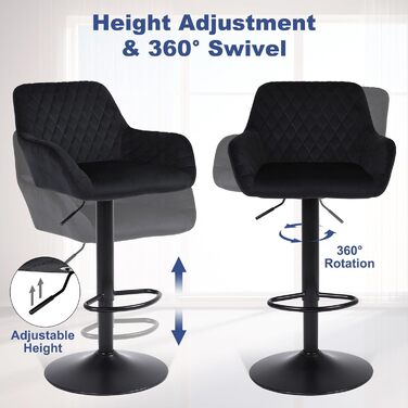 Ralex Velvet Bar Stools 2-Pack - Adjustable Swivel Bar Chairs with Backrest & Armrests for Kitchen, Bar & Counter - Black