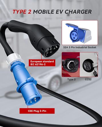 Кабель для зарядки електромобіля Type 2 Schuko 3.6 кВт, 10м, IP65, 16A – Зарядний пристрій Type 2 для електрокарів та гібридів