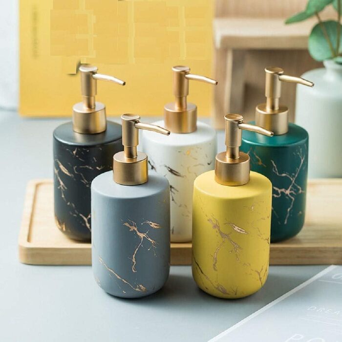 Набір аксесуарів для ванної кімнати FülleMore (4 шт.) з кераміки, імітація мармуру, сірий: дозатор мила 300 мл, мильниця, тримач для зубних щіток