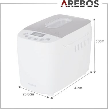 Хлібопечка Arebos 1500г з 15 програмами, таймером та LCD дисплеєм | Хлібопекарня з 3 рівнями підсмажування та 2 гачками для тіста