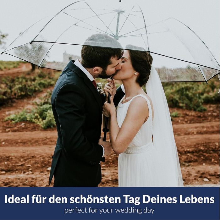 Logan & Barnes Transparent Wedding Umbrella with Real Wood Handle - 120cm Large Umbrella for 2 People - Cardiff XL Model - 120cm Transparent Umbrella with Black Trim