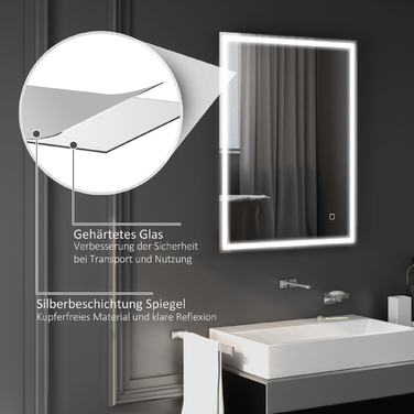 Дзеркало для ванної кімнати HOMCOM з підсвіткою 90x70 см, LED, настінне з функцією пам'яті, 3 кольори світла, запобігає запотіванню, сенсорне управління, срібний