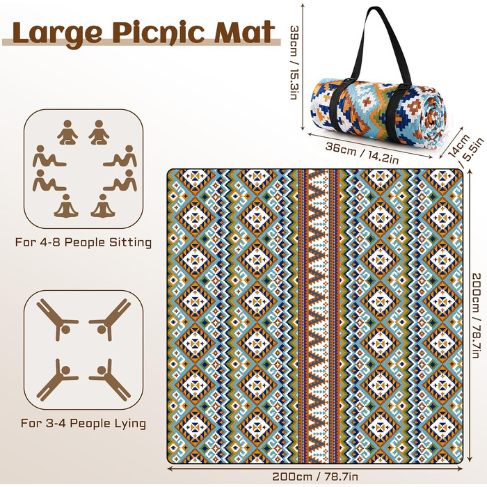 Килимок для пікніка SOMLAW вологостійкий, великий (200x200 см) для 4-6 осіб, з ручкою, Boho стиль, ідеальний для кемпінгу та пляжу