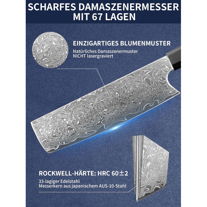 Японський ніж шеф-кухаря Plys Damast: професійний кухонний ніж з чорним дерев'яним руків'ям (Nakiri)