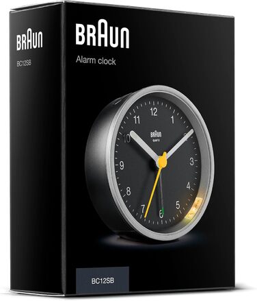 Classic Braun analog alarm clock with snooze function and light, quiet quartz movement, crescendo alarm in black and silver, model BC12SB