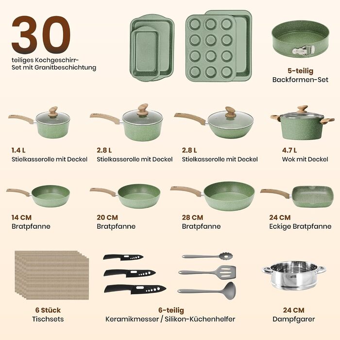 Набір гранітних каструль та сковорідок Kitchen Academy для індукційних плит, 30 предметів, зелений
