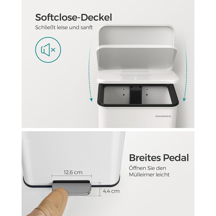 Сміттєве відро SONGMICS 40 л з педаллю, сталеве, з м'яким закриттям, 15 мішків, LTB540A02 (біле)
