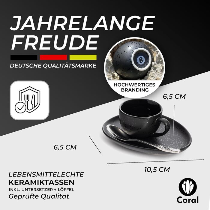 Набір кавових чашок Coral Espresso 4 шт. 90 мл, кераміка, чорний колір: чашки, блюдця та ложки