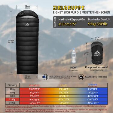 Спальний мішок зимовий Daunenschlafsack: теплий та легкий для дорослих та дітей, 680FP, для походів, альпінізму, кемпінгу. Чорний, 0°C (-6°C)