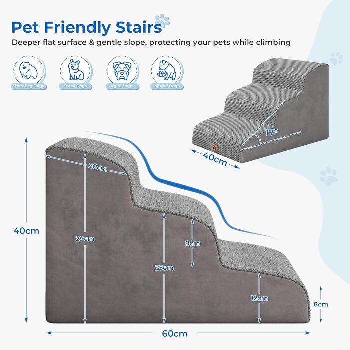 Сходинка для собак маленьких порід, 2 сходинки, 30 см, для домашніх тварин, миється, не слизька, для котів, для ліжка, дивану, сірого кольору