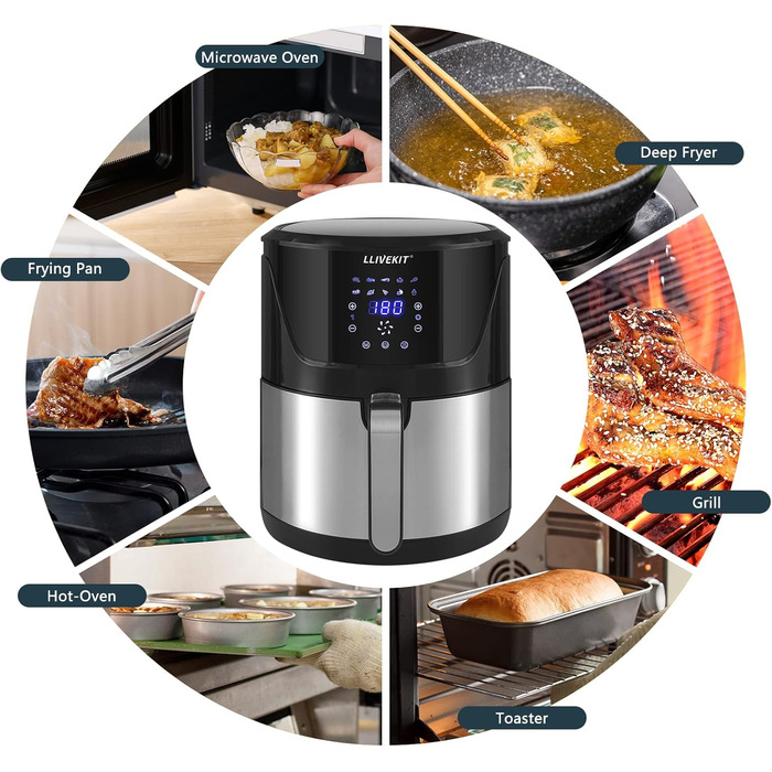 Фритюрниця без олії LLIVEKIT з 2 камерами та скляними вікнами, 4.5L+4.5L, Airfryer 9-в-1, XXL, з сенсорним екраном та таймером