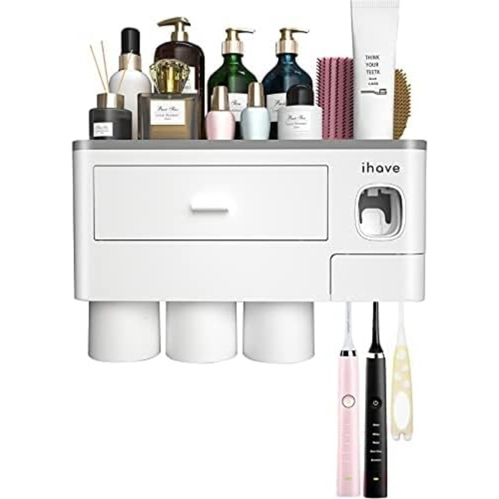 I have a bathroom toothbrush holder, 3-cup toothbrush holder with toothpaste dispenser, bathroom accessories with large storage space, cosmetic drawer, white