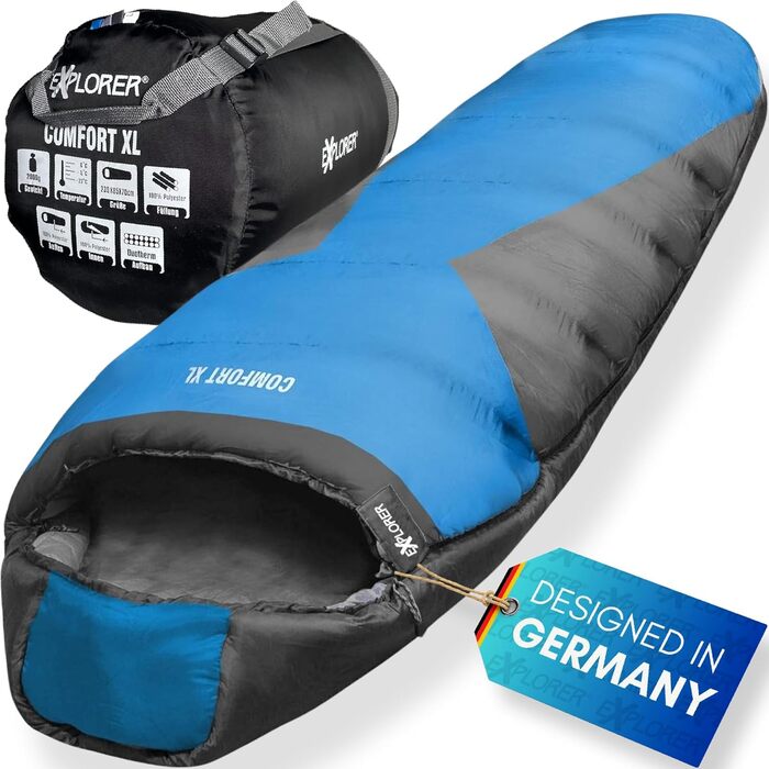Спальний мішок EXPLORER® Comfort XL -23°C -5°C [350GSM] для дорослих, 3-4 сезони, зимовий, мумієподібний, 230x85x70 см, комбінується, для відпочинку на природі, кемпінгу, трекінгу та подорожей (Блакитний/Сірий)
