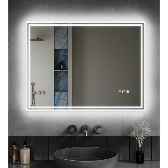 Дзеркало для ванної кімнати з підсвічуванням 60x50x3,5 см, LED, 6400K, холодний білий, енергозбереження, вертикальне/горизонтальне, з вимикачем, антизапар, 3 колірні температури