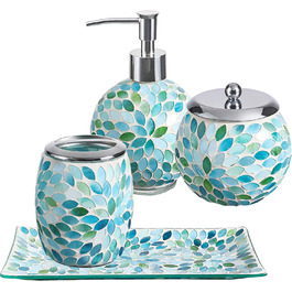 Набір аксесуарів для ванної кімнати KMWARES з мозаїчного скла, 4 шт. (диспенсер для мила, стакан для зубних щіток, піднос для косметики), блакитний, зелений, білий