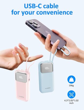 Power Bank 10000mAh з USB-C кабелем, PD 35W, LCD дисплей, для iPhone, Samsung, iPad та інших пристроїв (Блакитний)