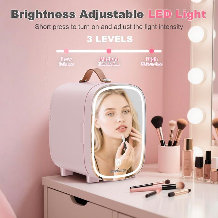 Mini-холодильник Enventor 4L (6 банок) з LED-дзеркалом, охолодження/нагрівання, рожевий