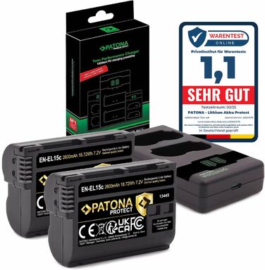 Акумулятор PATONA 2x Protect EN-EL15c 2600mAh + USB-C PD Зарядний пристрій 1500mA для Nikon Z5 Z6 II/III Z7 II Z8 Zf D850 D7500