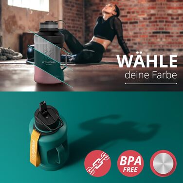 Спортивна пляшка з нержавіючої сталі ACTIVE FLASK 1,3 л, BPA-free, з трубочкою, 3 кришки, герметична, підходить для газованої води, темно-бірюзова, для спорту, фітнесу, аутдору