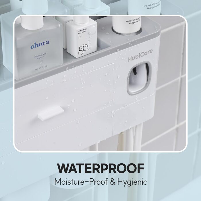 HubiCare Toothbrush Holder with Toothpaste Dispenser Wall Mount for Bathroom, Automatic Toothpaste Press, Bathroom Organization and Storage, 5 Toothbrush Slots (2 Cups)