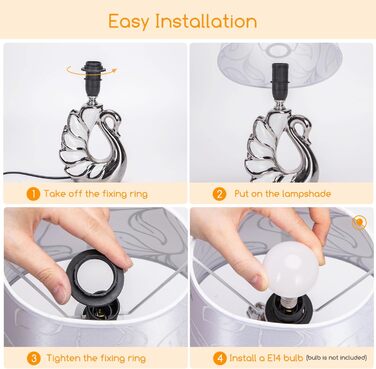 Стійка лампа Aigostar з кераміки, вінтажна настільна лампа з тканинним абажуром, патрон E14, макс. 40W, сучасна лампа для нічного столика, нічник для спальні, вітальні, офісу (без лампочки) - H235mm (Білий лебідь - H310mm)