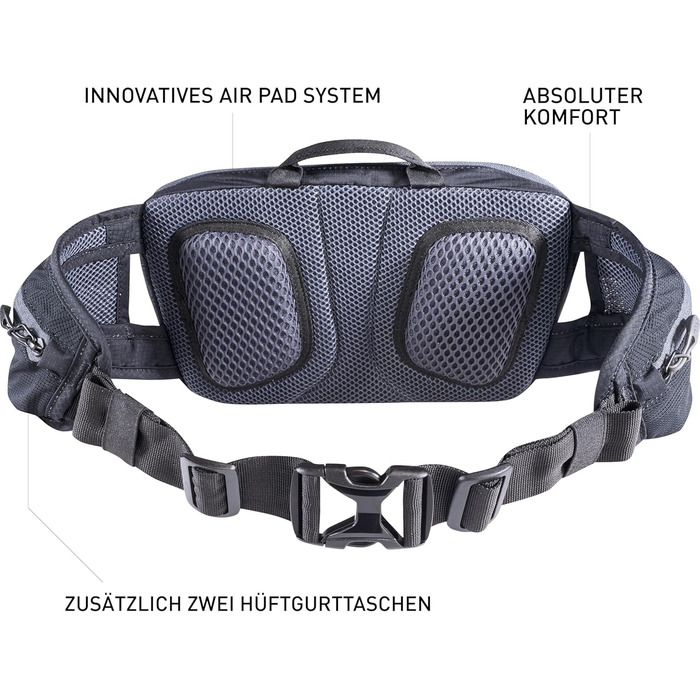 Поясна сумка EVOC HIP Pouch 1 л чорна для велосипедистів, з системою AIR PAD, двома кишенями на поясі і додатковими відділеннями, для велотурів та трейлів