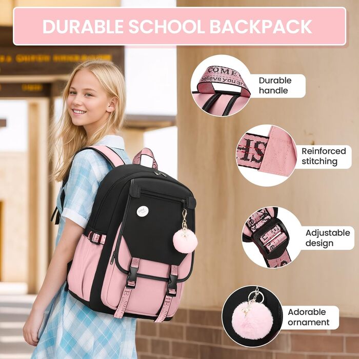 Рюкзак для дівчинки-підлітка, 3-5 клас, модний шкільний рюкзак з брелоком та ручкою-телескопом, рожевий