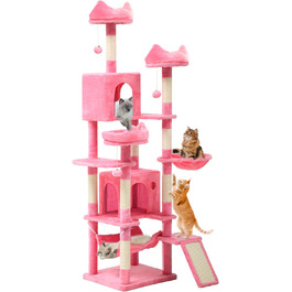 Кігтеточка YITAHOME XXL, 190 см, з 8 стовпів з сизалю, 3 платформи, 2 печери, кошик, гамак, іграшки, для котів, рожева
