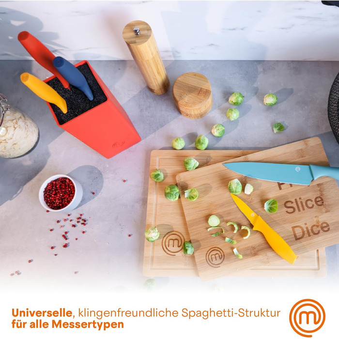MasterChef 5-Piece Knife Block Set - Stainless Steel Kitchen Knife Set with Chef's Knife, Santoku, Bread Knife, Utility Knife, and Vegetable Knife - Sharp, Black Soft-Touch Handles