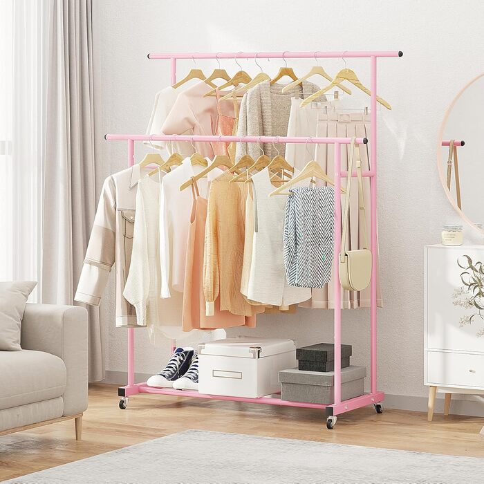 Clothes Rack with Double Rod, Rolling Clothes Rack, Portable Clothes Rack for Bedroom, Living Room, Clothing Store (Pink)