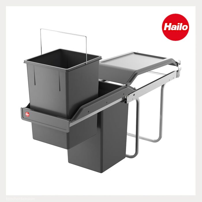 Відро для сміття Hailo Tandem 3650103 | Вбудований контейнер для сміття 2 секції з 50 мішками | для шаф шириною від 300 мм | Зручний висувний механізм на роликах | Сріблястий та антрацитовий пластик