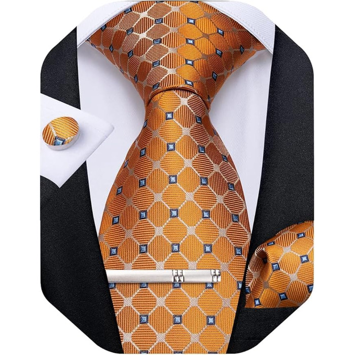 Набір краваток чоловічий DiBanGu з шовковими смугами та клітинкою, з кишеньковим хустинкою, затискачем та краватковою кліпсою для весілля та офіційних заходів (яскраво-помаранчевий)