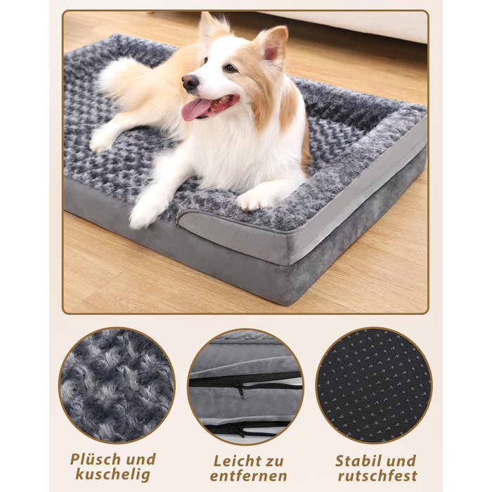 KSIIA Dog Bed for Medium-Sized Dogs, Orthopedic, Removable and Washable Base and Armrest Cover, Waterproof Inner Liner, Dog Sofa Dog Basket with Raised Edges, Non-Slip Bottom, Dog Couch Grey