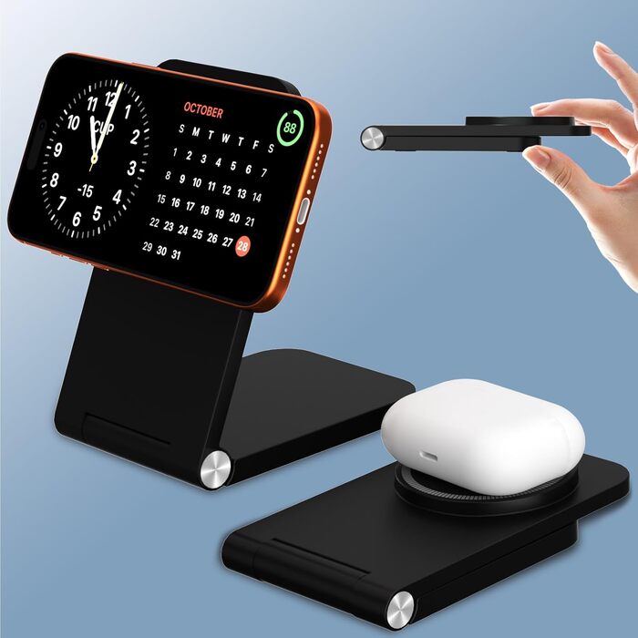 Бездротовий зарядний пристрій MagSafe, складаний, швидка зарядка, сумісний з iPhone 17/16/15/14/13/12, AirPods 3/2/Pro 2/Pro, чорний