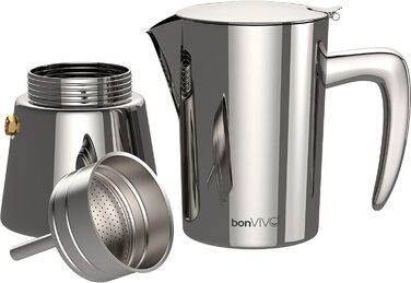 bonVIVO Induction Espresso Maker - Stainless Steel Coffee Maker with -Finish, Water Kettle & Filter - Moka Pot - Christmas Gifts for the Household (Chrome, 6 Cups - 300 ml)