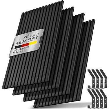 Акустичні панелі TRESKO з дерева 120×60×2,1 см (4 шт), 3D стінові ламелі для шумоізоляції, колір дуб чорний, з набором 8 гачків та монтажним комплектом