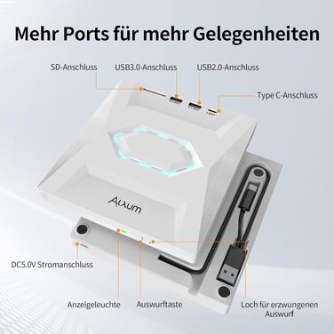 Зовнішній CD/DVD привід Alxum USB 3.0 з картридером SD/TF та додатковим USB-портом, білий