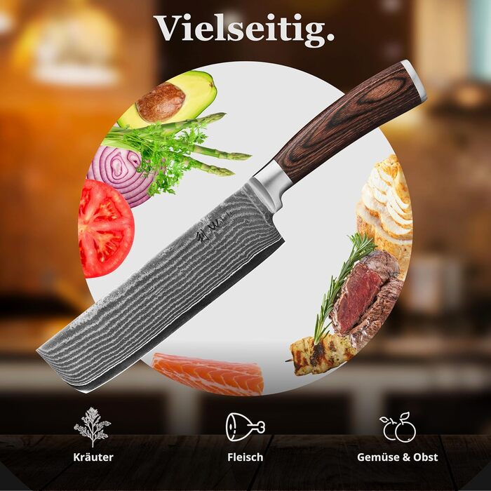 Японський ніж Wakoli EDIB Nakiri з дамаської сталі (серцевина VG10), 17,5 см – гострий, точний та ергономічний. Ніж з ручкою з паккавуду в подарунковій коробці – для нарізки жульєн та бруноаз. Без гравіювання