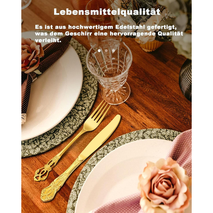 Набір столових приборів Retro Gold на 6 осіб, 24 предмети, нержавіюча сталь, античний бароковий дизайн, золотий колір